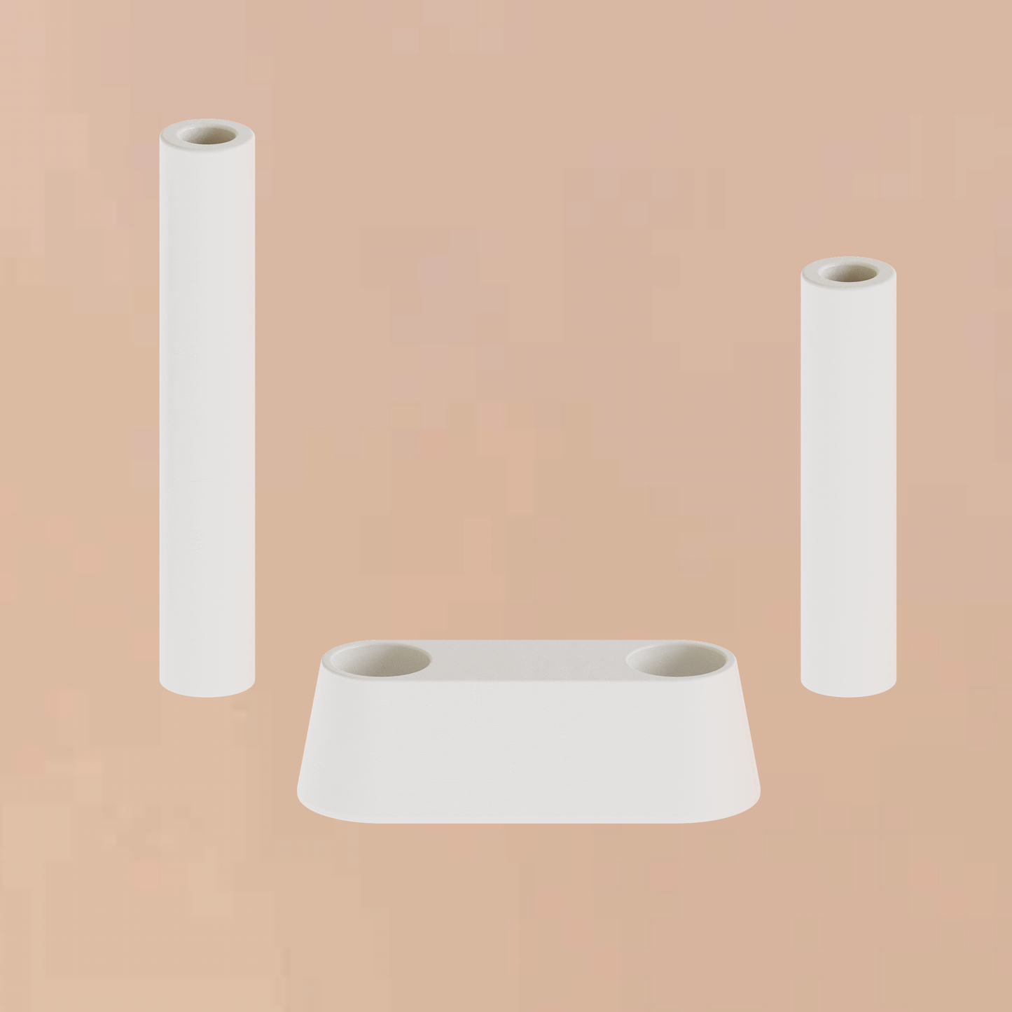 Handmade minimalist plaster double pillar candle holder showing its disassembled two staggered cylindrical columns and unique angled low chamfer base component