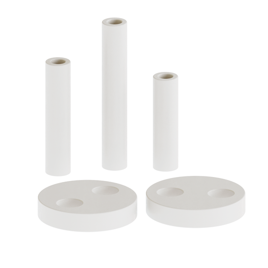 Handmade minimalist plaster triple pillar candle holder showing its disassembled three cylindrical columns and unique interlocking large double base component
