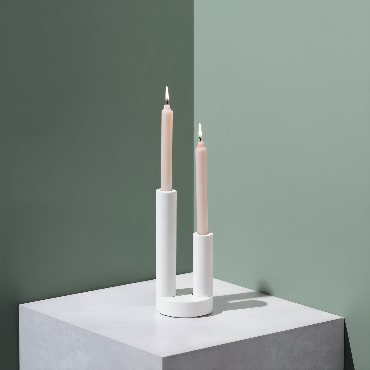 Editions17 sculptural double pillar candle holder in a modern minimalist interior