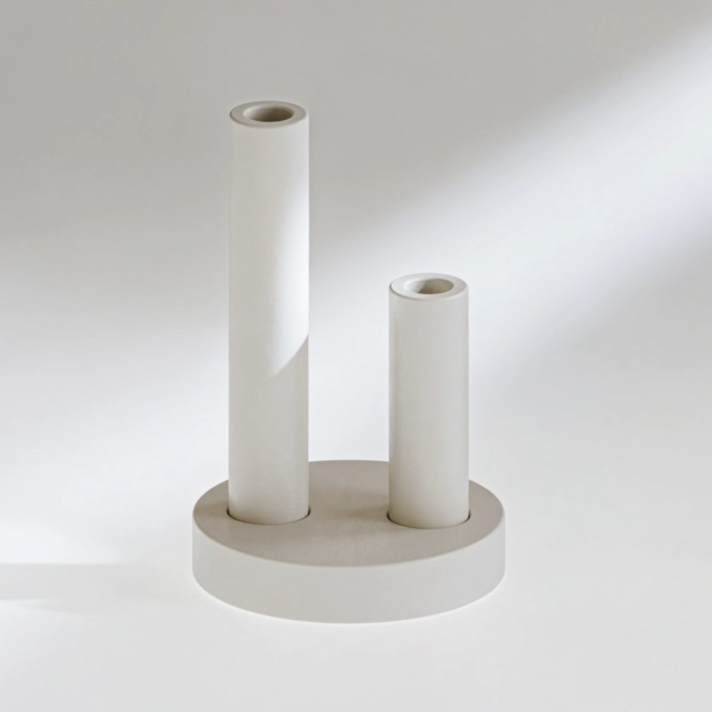 Technical exploded view mapping the interconnecting material forms of a handmade modular homeware collection for contemporary object design features and design studio trade sourcing.