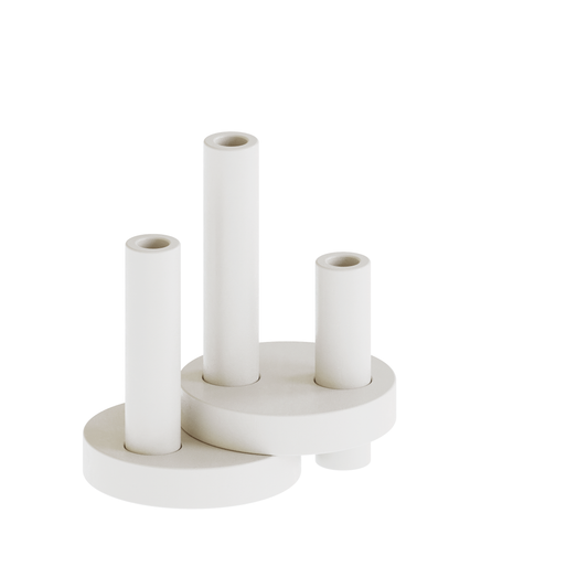 CAST sculptural plaster triple pillar candle holder with a large double base styling three candles on a minimalist background