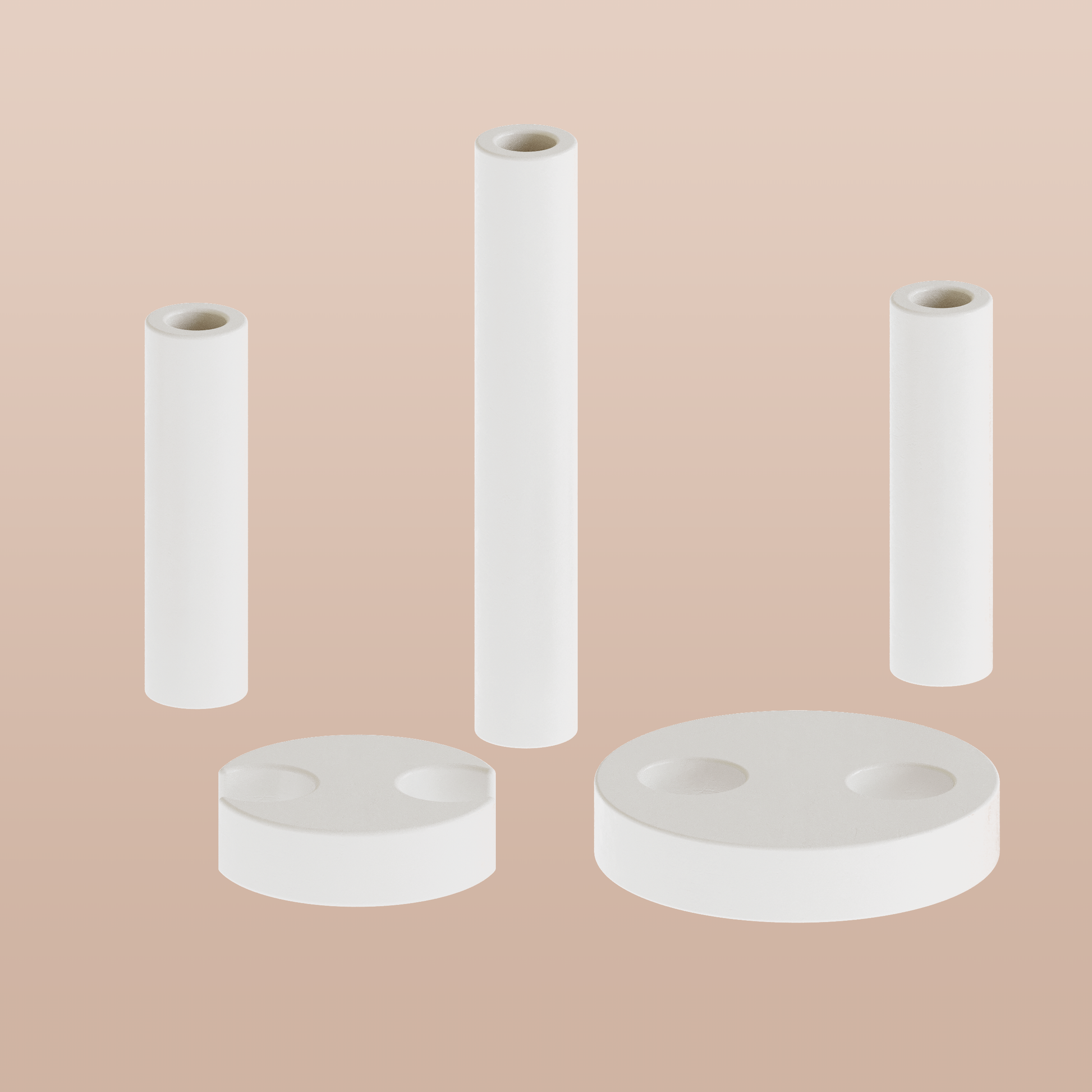 Handmade minimalist plaster multi-tiered candle holder assemblage showing its disassembled staggered cylindrical columns and unique interlocking moon base volumes component