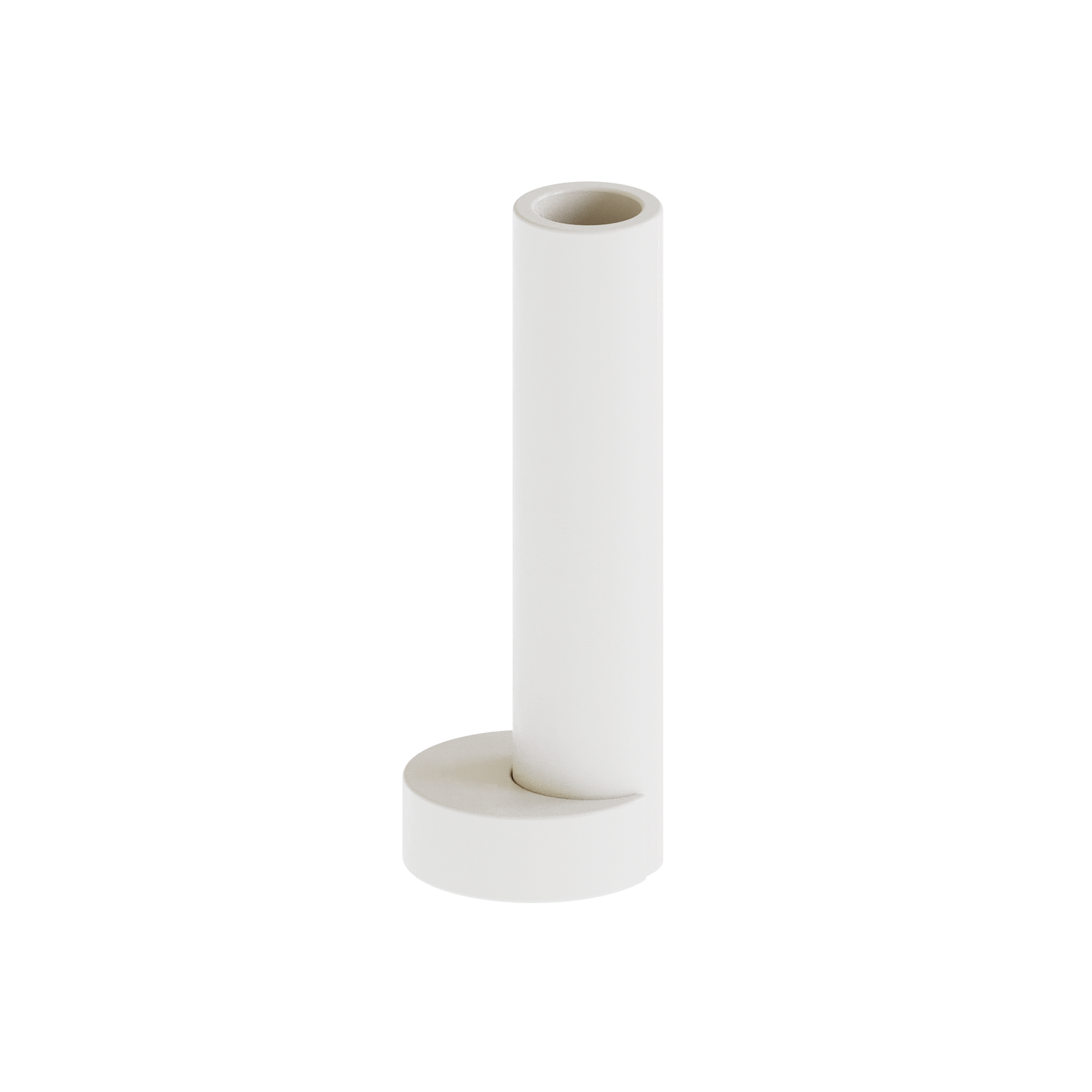 Handmade minimalist plaster sculptural vase showing its disassembled tall cylindrical neck and unique curved moon base component