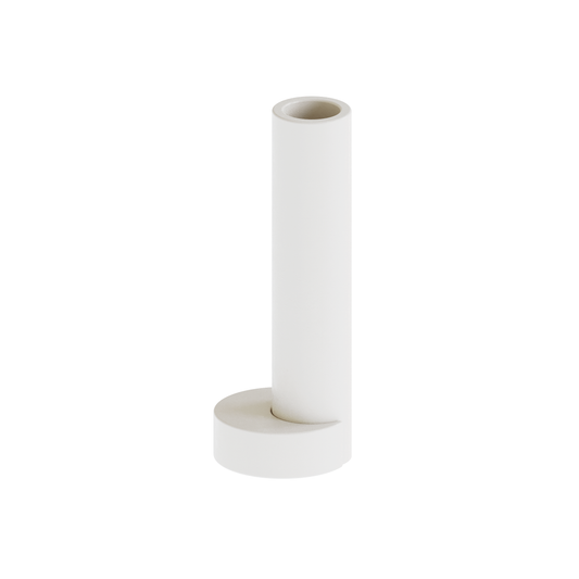 Handmade minimalist plaster sculptural vase showing its disassembled tall cylindrical neck and unique curved moon base component