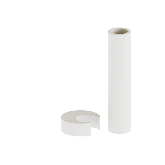 Handmade minimalist plaster sculptural vase showing its disassembled tall cylindrical neck and unique curved moon base component