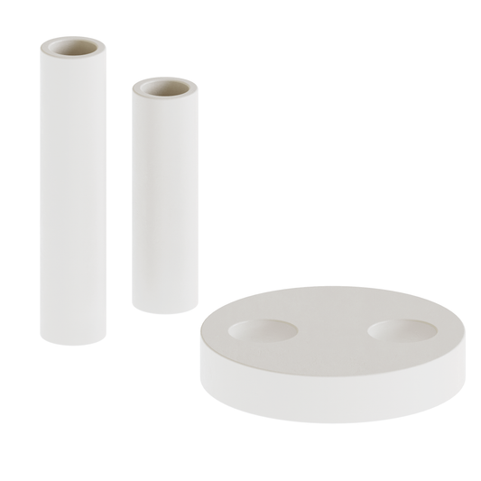 Handmade minimalist plaster sculptural flower vase showing its disassembled two staggered cylindrical necks and unique curved geometric base ring component