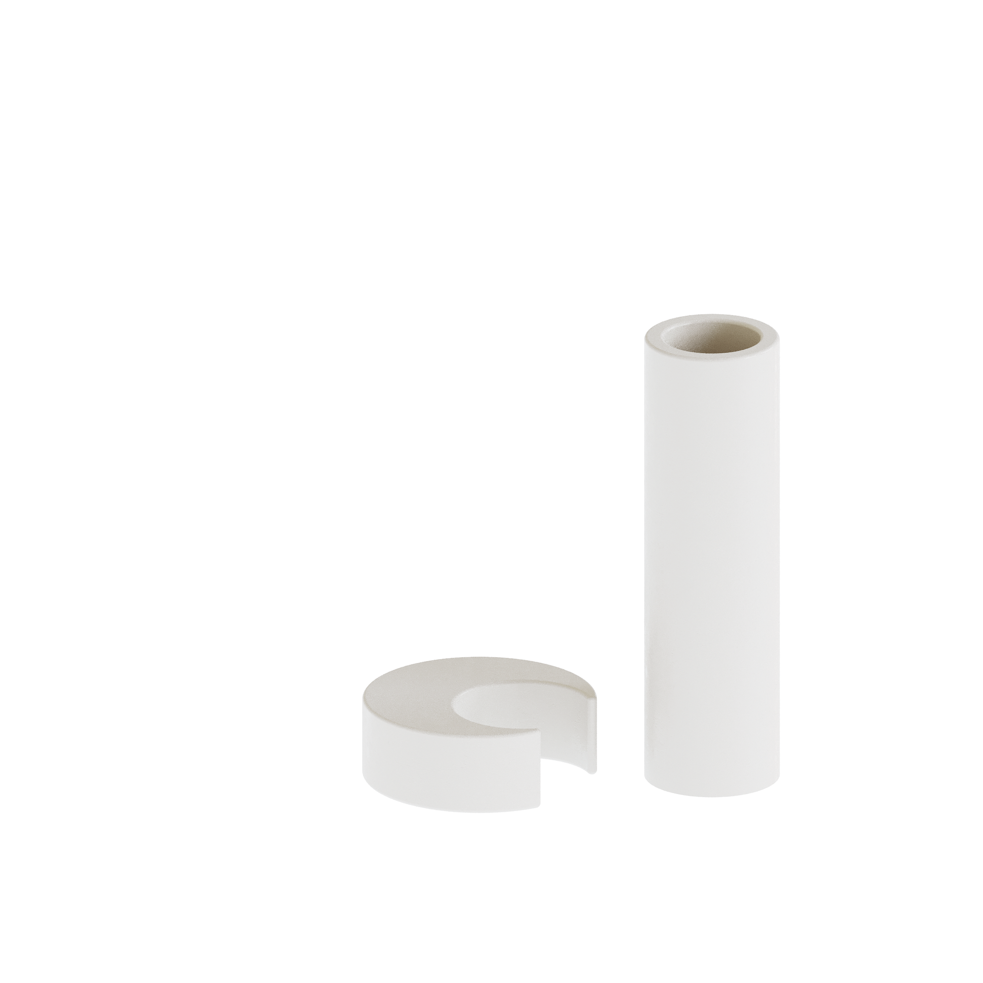 Handmade minimalist plaster sculptural vase showing its disassembled small cylindrical neck and unique curved moon base component