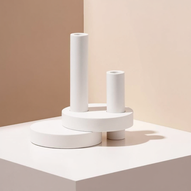 Exploded view detailing the interlocking geometric forms and material texture of a handmade modular homeware collection, perfect for contemporary product design features and high-end studio sourcing.
