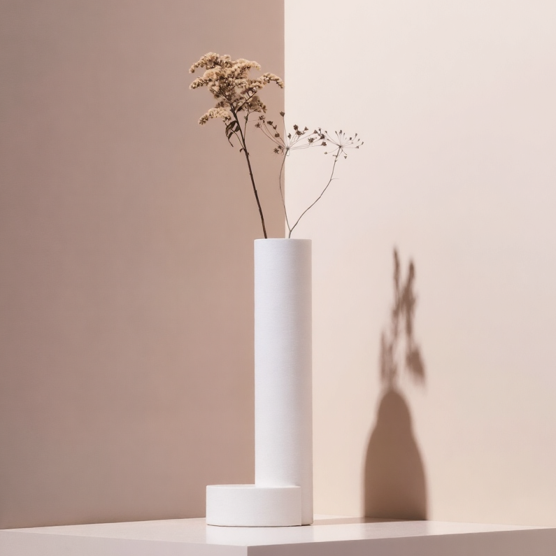 Sculptural modular plaster vase with a moon geometric base component displaying dried botanicals for avant-garde spatial staging, design blog inspiration, and upscale unique home decoration.